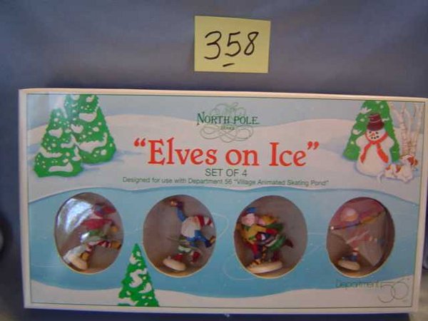 Dept 56 "Elves on Ice" Norh Pole Series: Set of four holiday-dressed eleves on ice skates; each measuring approximately 2" high. Magnetic bottom allows elves to be used with Dept 56 Village Animated Skating Pond. Retired in 2000. Comes in or
