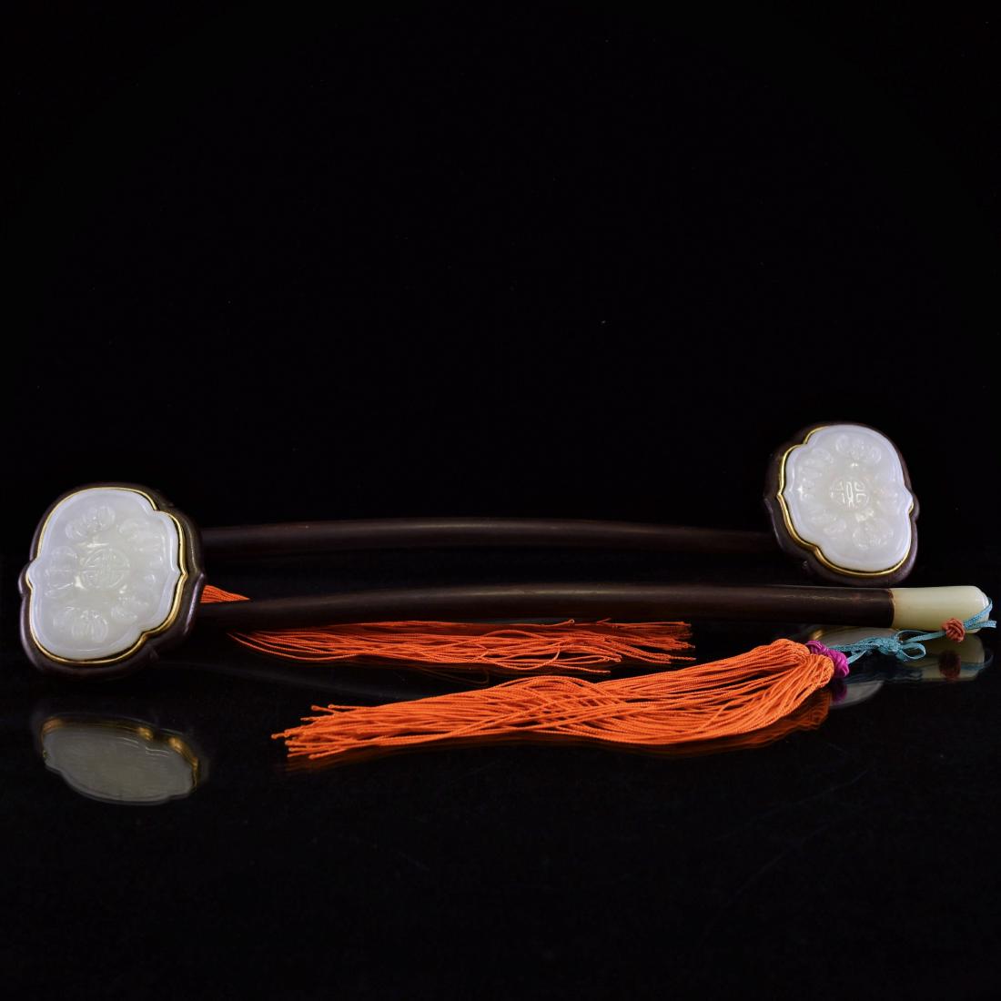 PAIR OF JADE & ZITAN RUYI SCEPTERS WITH RED TASSELS (1 of 6)