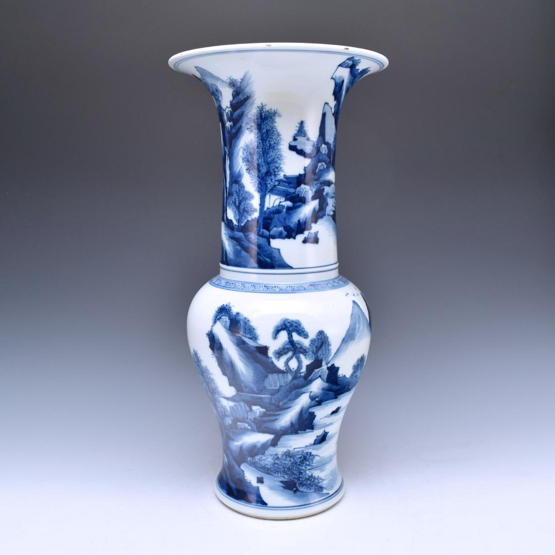BLUE AND WHITE PANORAMIC YEN YEN VASE: The vase potted in shape of a phoenix tail, Chinese porcelain traditional yen yen shape. The beaker having baluster shaped body, with bulging belly, trumpet-shaped neck are painted in variegate tones 