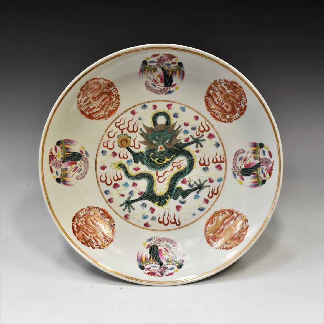 CHINESE FAMILLE ROSE DRAGON MEDALLIONS PORCELAIN PLATE (1 of 9)