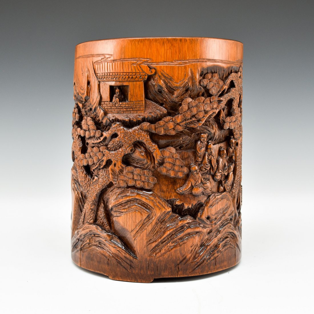 CARVED BAMBOO BRUSH POT OF SAGES IN BAMBOO FOREST (1 of 10)