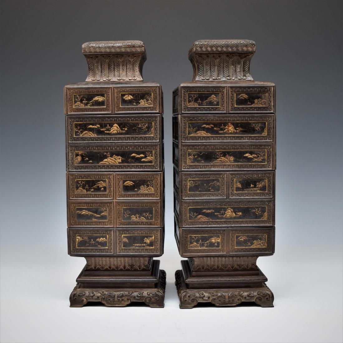 PAIR OF GILT OVER EBONY LACQUERED THREE TIERS WOODEN (1 of 10)