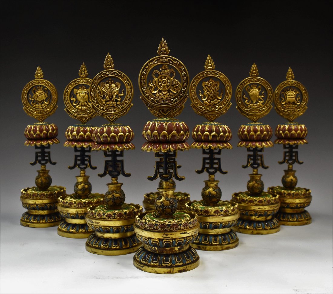 8 PCS GILT BRONZE AND STONE INLAID OF ASHTAMANGALAS (1 of 15)