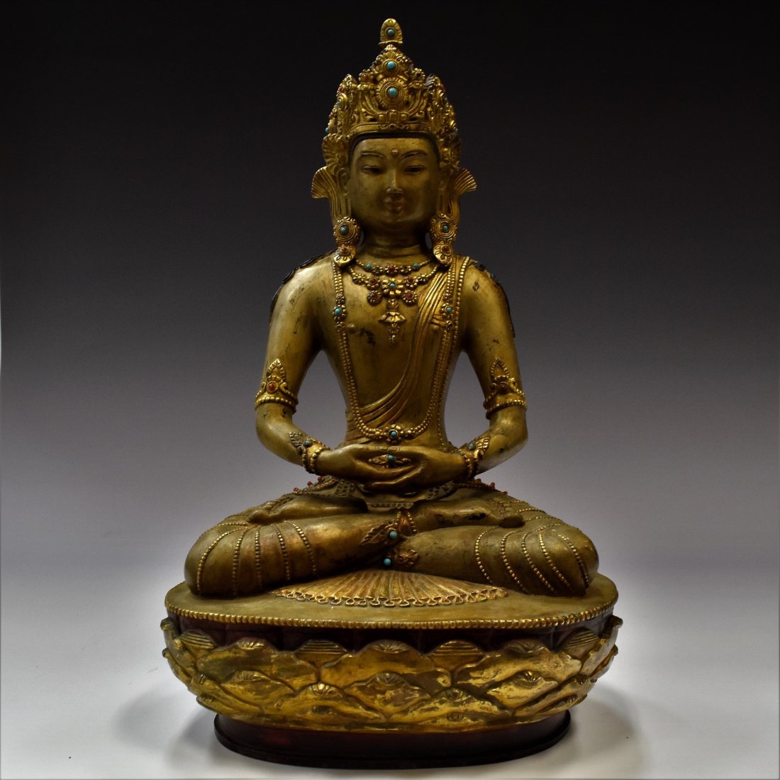LARGE MING GILT BRONZE INLAID SEATED AMITABHA BUDDHA (1 of 11)
