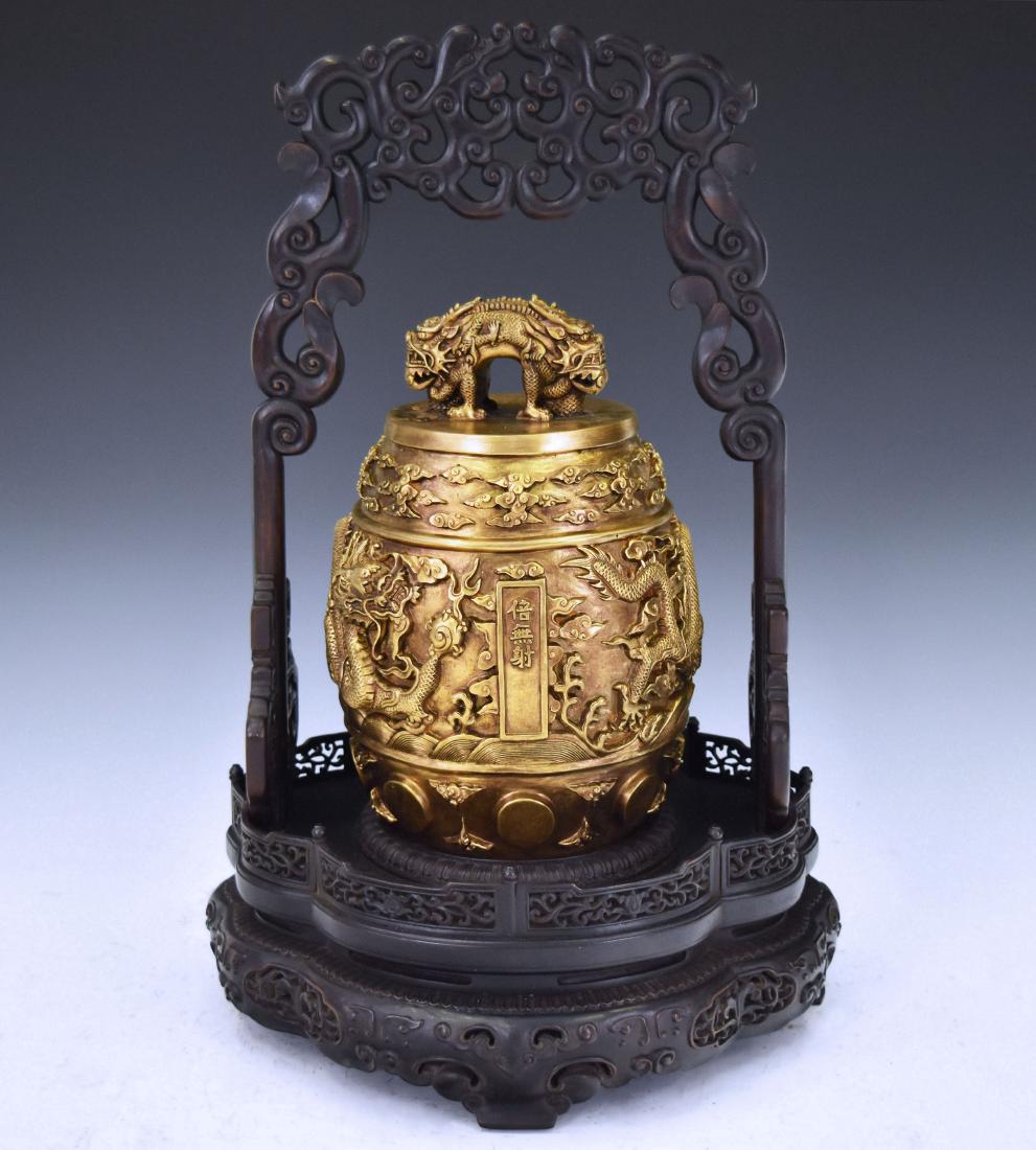 CHINESE GILT-BRONZE 'DRAGON' RITUAL BELL ON STAND (1 of 11)