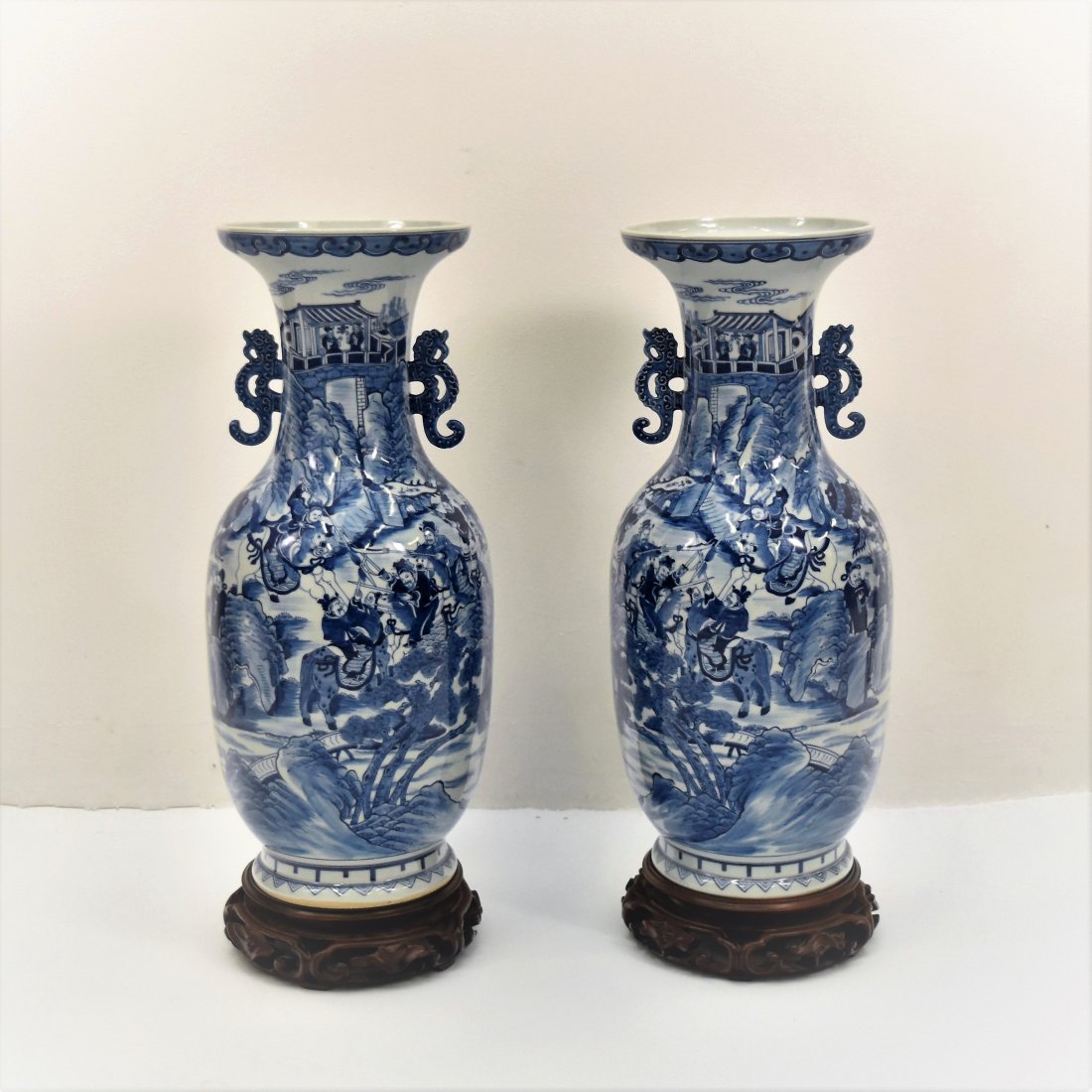 PAIR LARGE BLUE & WHITE PORCELAIN VASES ON STAND (1 of 1)