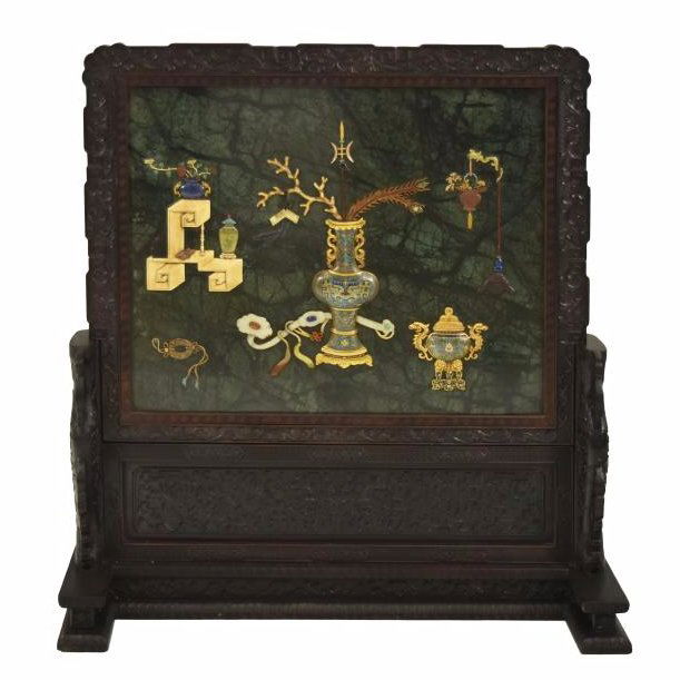 SPINACH-GREEN JADE WITH HARD STONE FLOOR SCREEN (1 of 17)