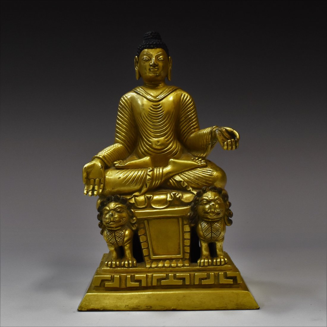 GILT BRONZE MAITREYA BUDDHA ON LION PEDESTAL (1 of 8)