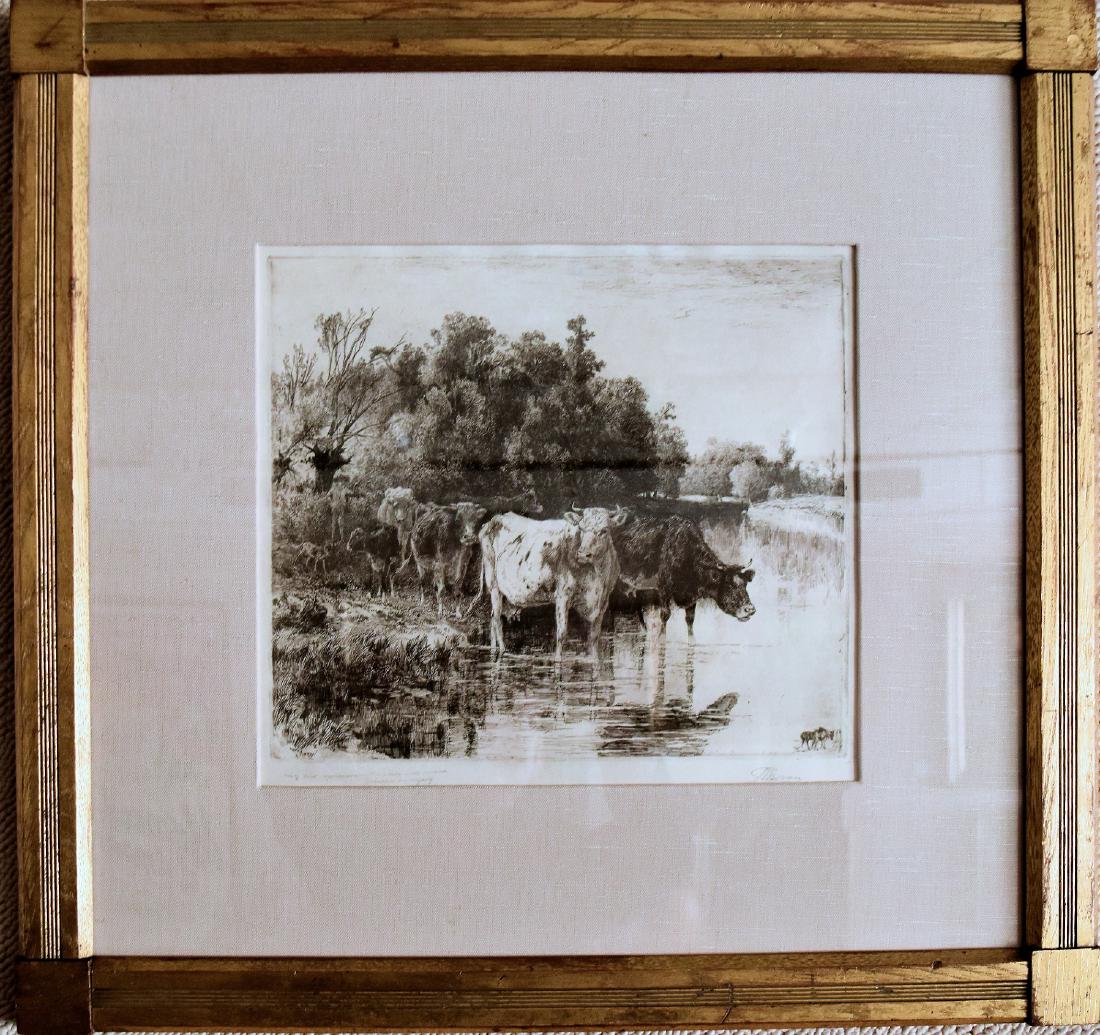 PETER MORAN, ETCHING: Peter Moran, untitled, etching. 26" x 26" Antique mission frame. LOT NOTES: Etcher, painter. The youngest of four Moran brothers, Peter was born in Lancashire, England, and came with his family to Ame