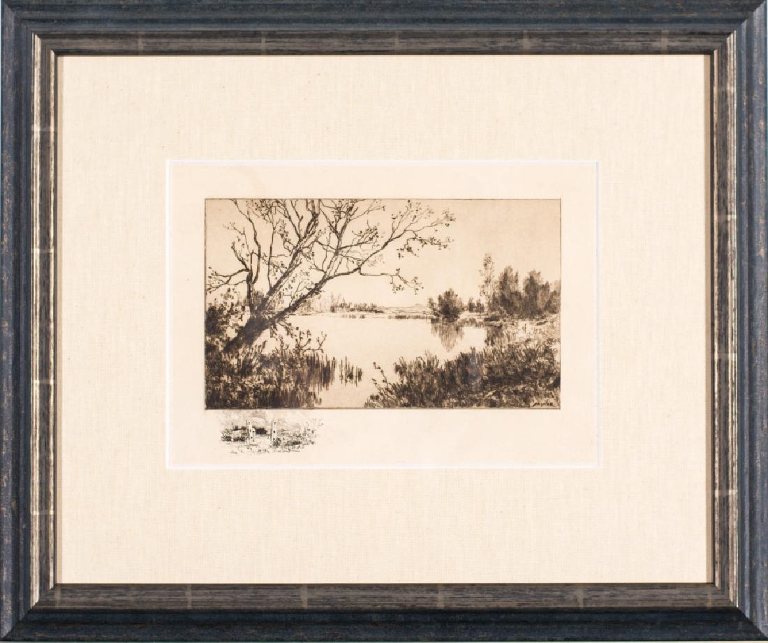 ROBERT MINOR, BLACK INK ETCHING LANDSCAPE: Minor, Robert Crannell (New York City, 1839 - Waterford, Connecticut, 1904) conservation framed. 4 7/8" x 8 1/4" etching. Outside conservation matting, framing and glass dimensions 15 1/8" x 18". Cons