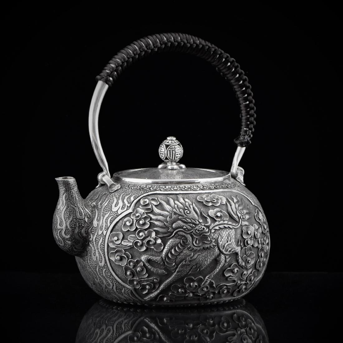CHINESE EXPORT QILIN SILVER TEA POT (1 of 9)