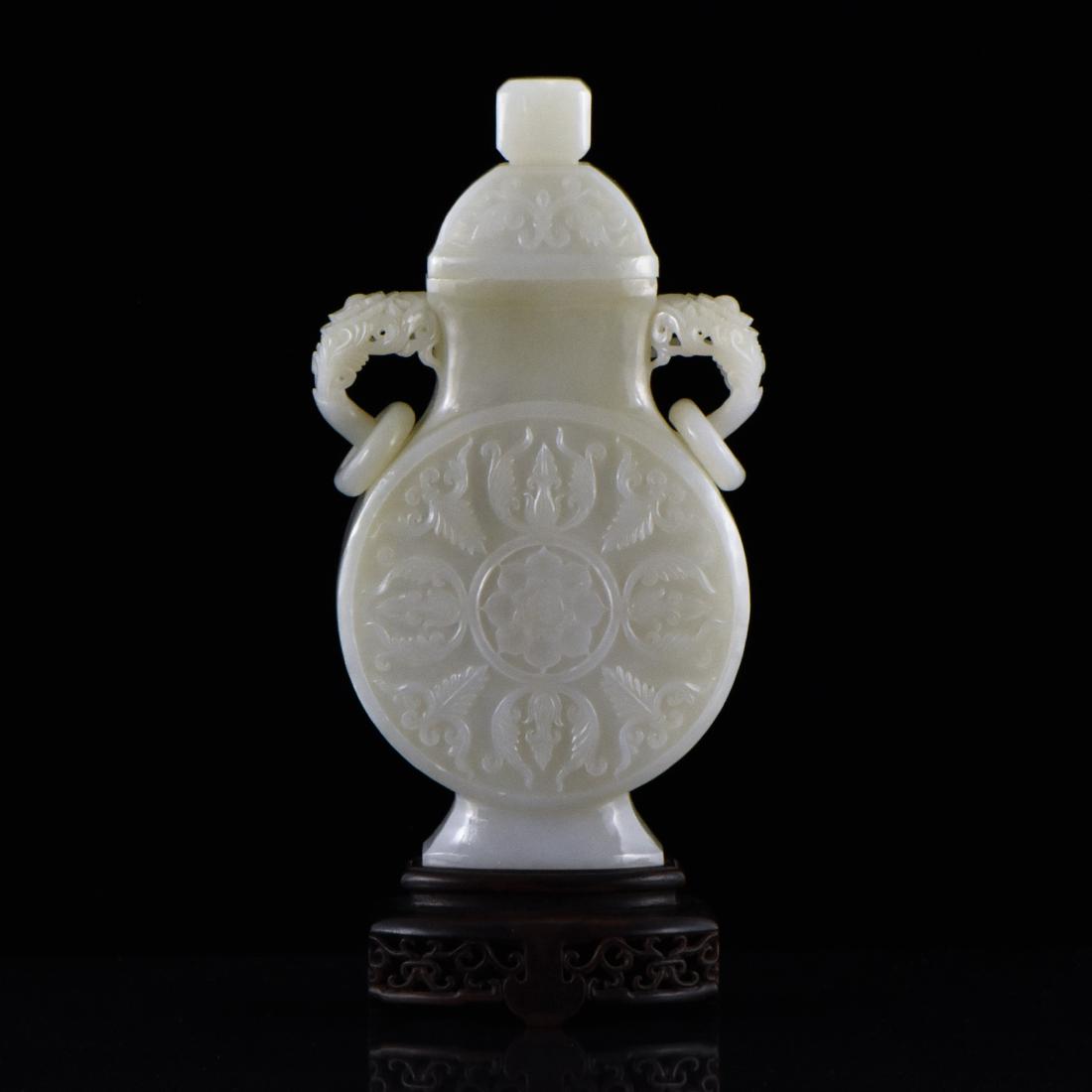 CARVED CHINESE JADE URN WITH FREE RINGS HANDLE ON STAND (1 of 11)