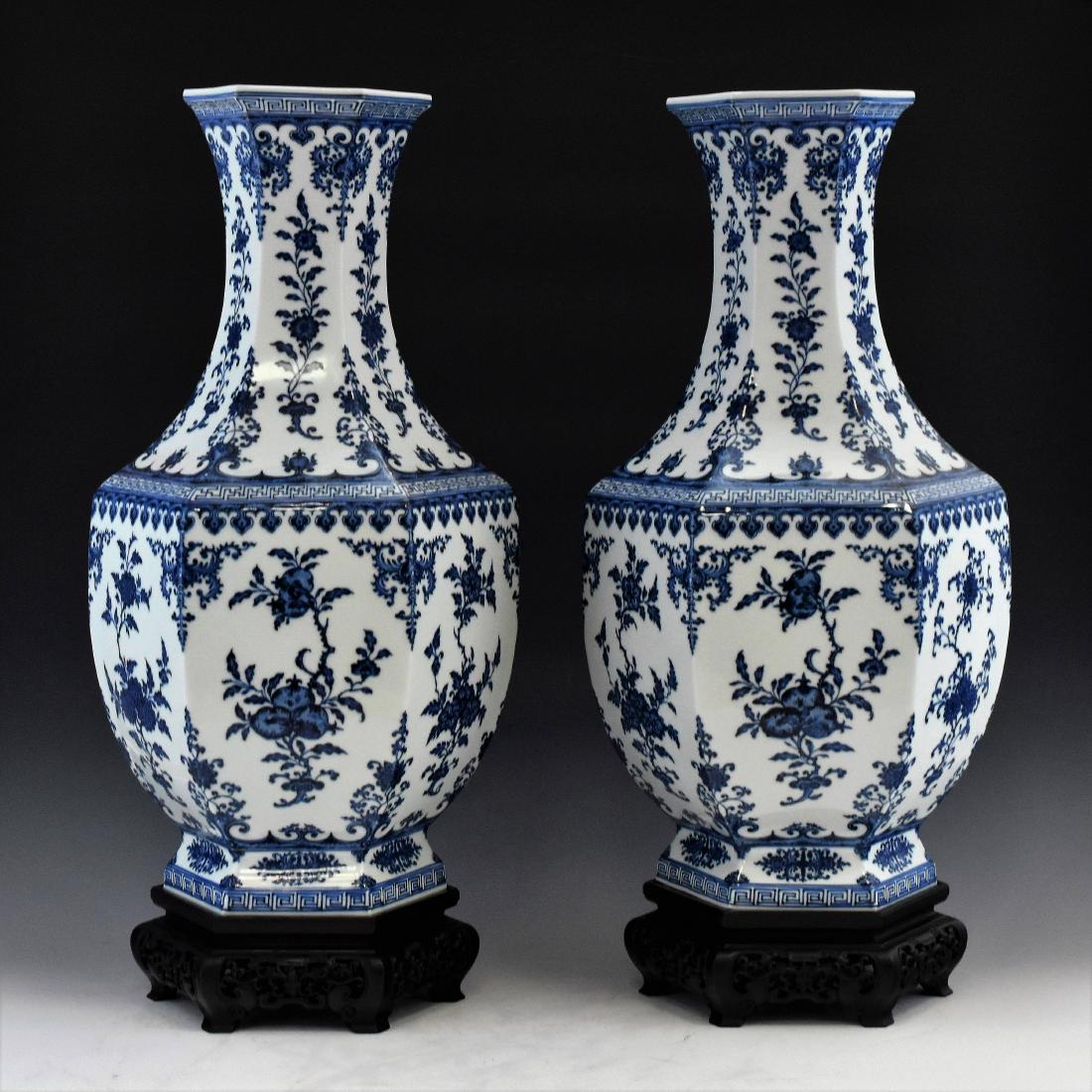 PAIR OF BLUE AND WHITE THREE ABUNDANT HEXAGONAL VASES (1 of 17)