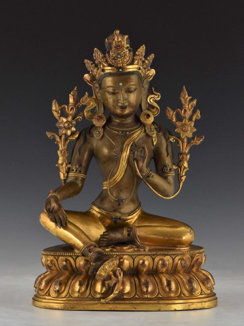LARGE QING GILT BRONZE INLAID SEATED BUDDHA OF GREEN (1 of 11)
