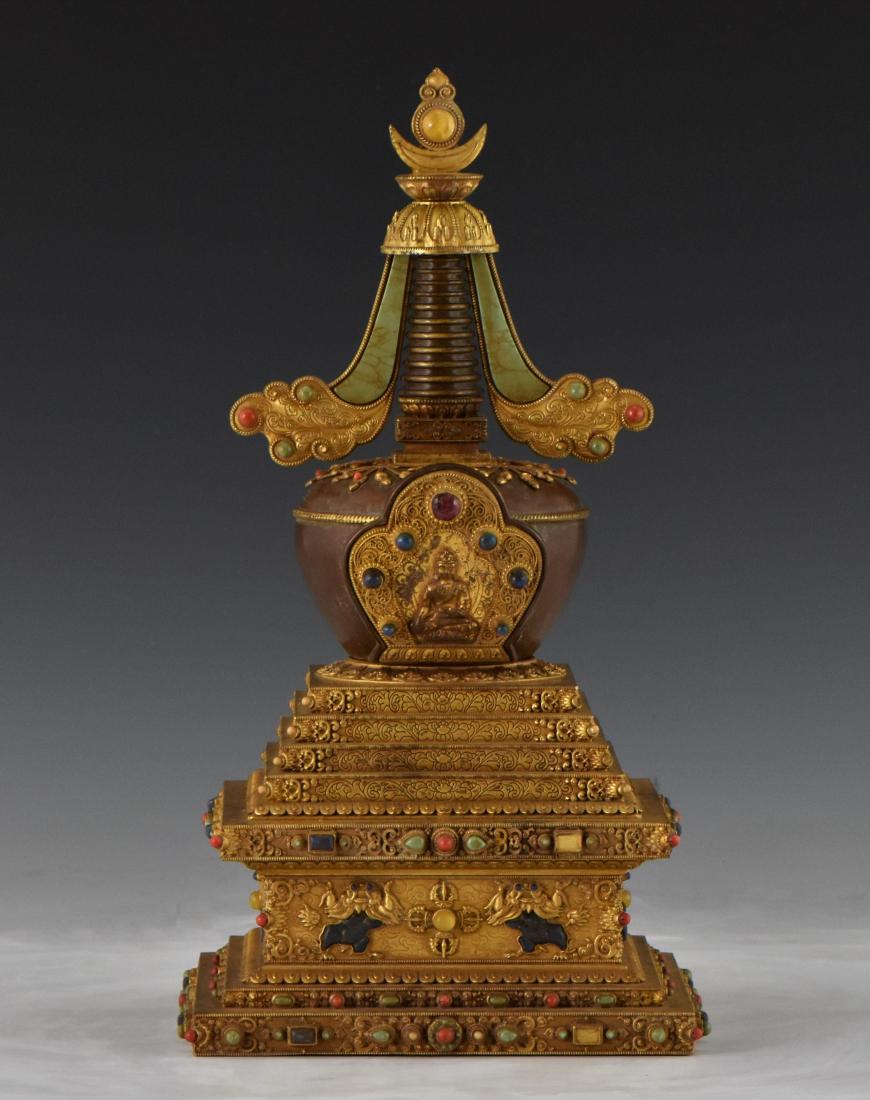 SEMI PRECIOUS STONES INLAID GILT BRONZE STUPA (1 of 15)