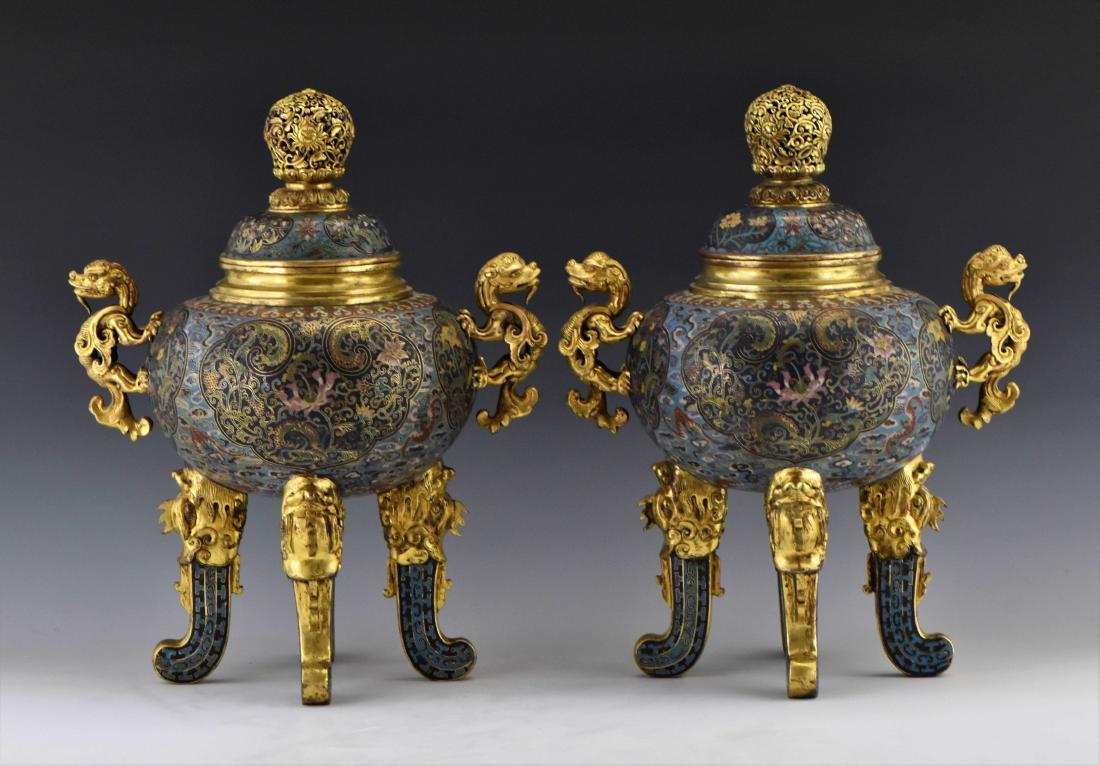 PAIR OF GILT BRONZE ENAMEL CLOISONNE COVERED CENSER (1 of 9)