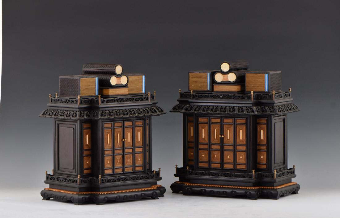 19TH C PAIR OF CHINESE ZITAN SCHOLLAR CABINET (1 of 12)