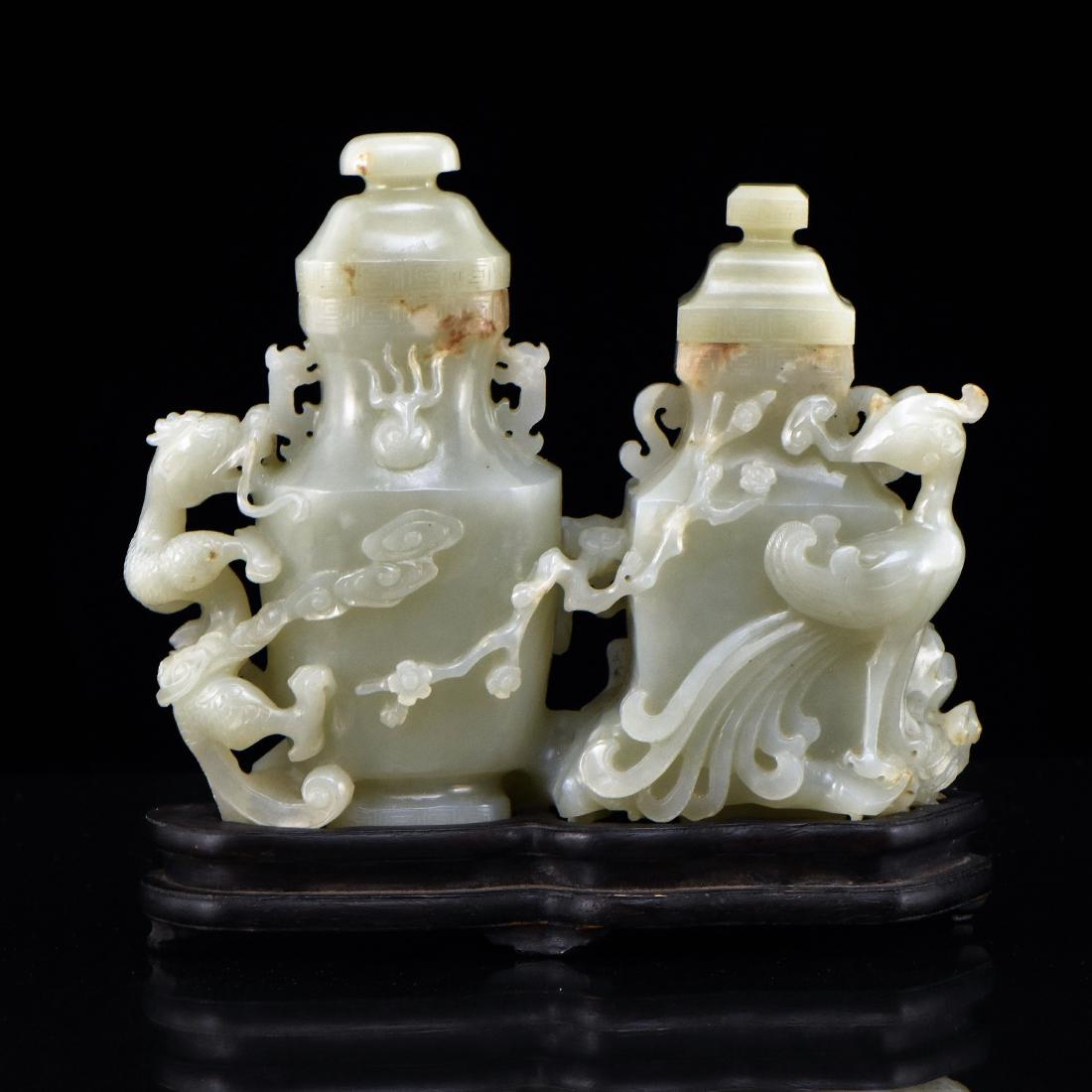 CARVED JADE COVERED URNS OF DRAGON AND PHOENIX (1 of 10)