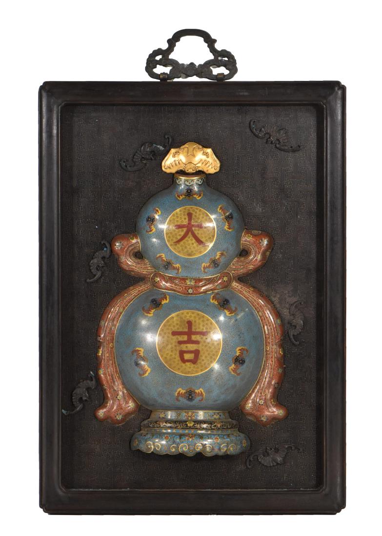 19TH C CLOISONNE DOUBLE GOURD ZITAN WALL PLAQUE (1 of 12)