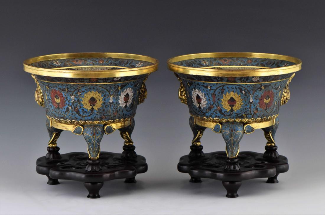 PAIR OF GILT BRONZE CLOISONNE TRIPOD CENSERS ON STAND (1 of 10)