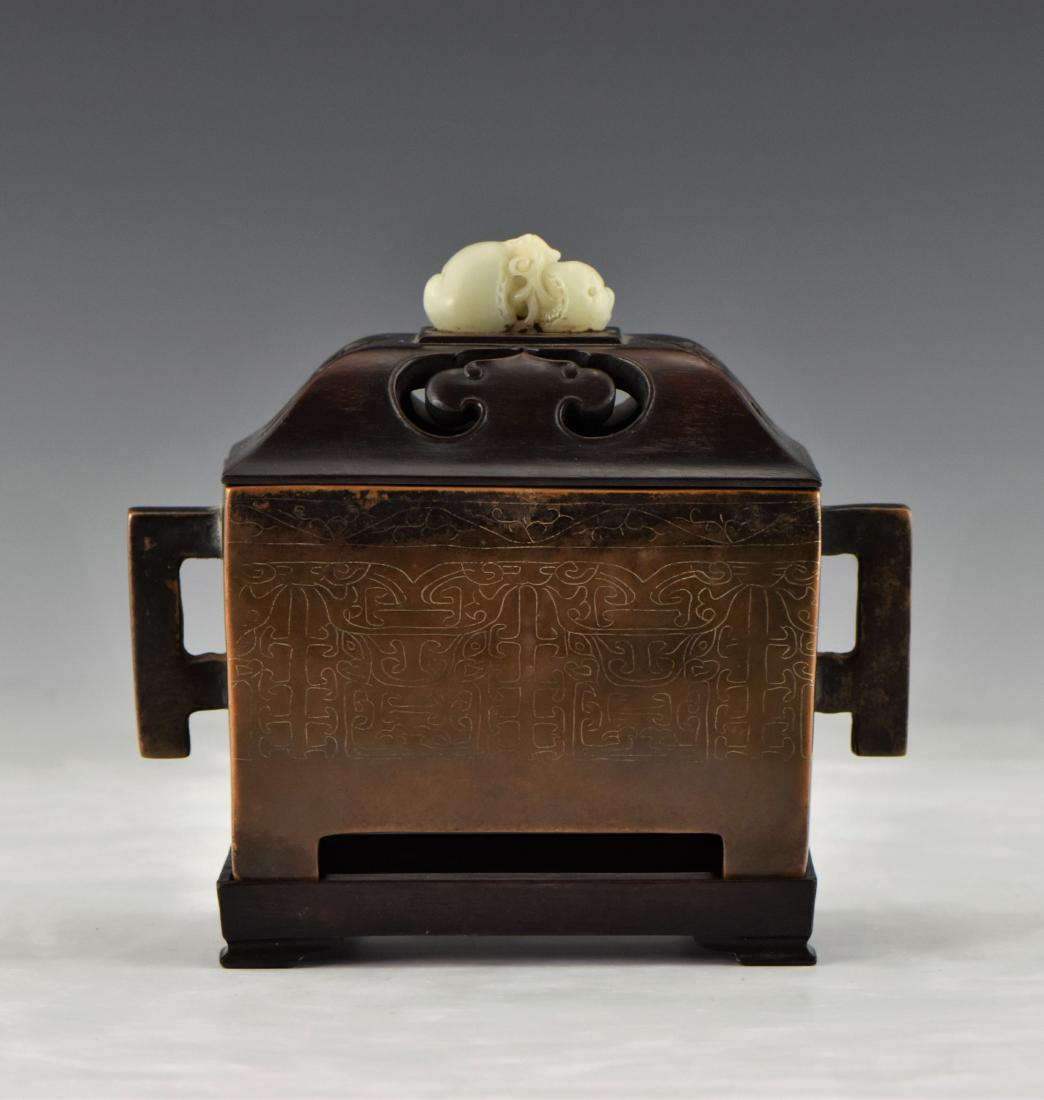 MING SILVER BRONZE TRIPOD CENSER WITH JADE FINIAL (1 of 10)