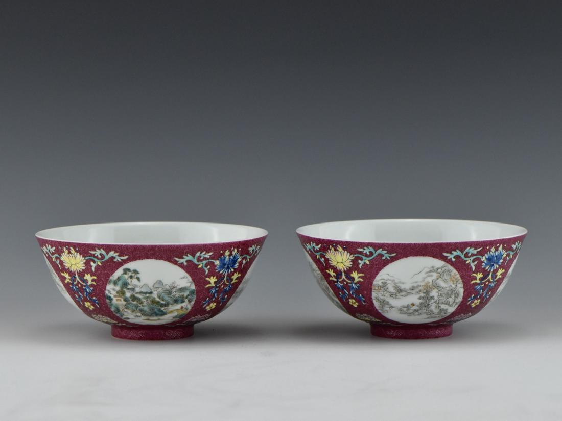 PAIR OF CHINESE OPEN FACE PURPLE PORCELAIN BOWLS (1 of 10)