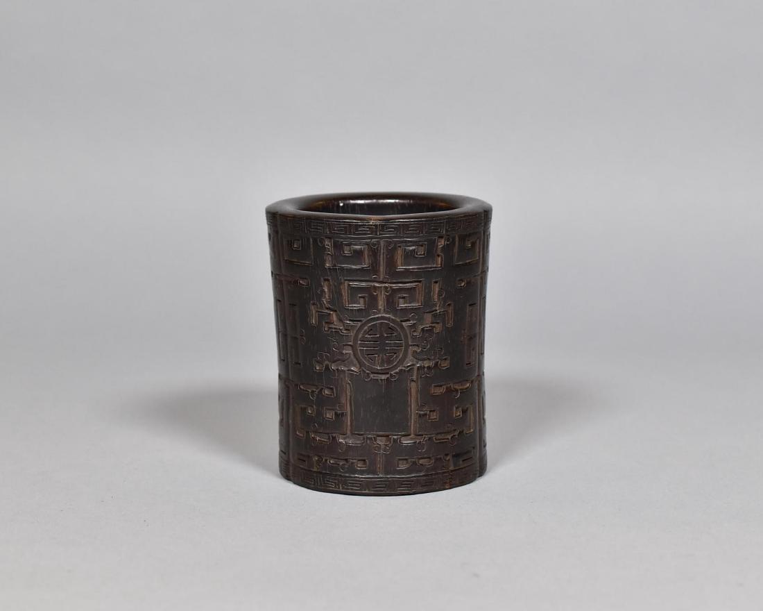 ARCHAIC PATTERN CARVED ZITAN BRUSH POT (1 of 9)