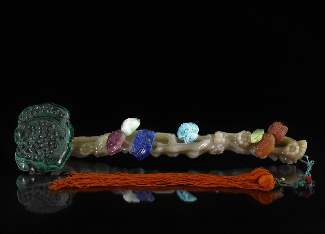 SEMI PRECIOUS STONE MOUNTED JADE RUYI SCEPTER (1 of 9)
