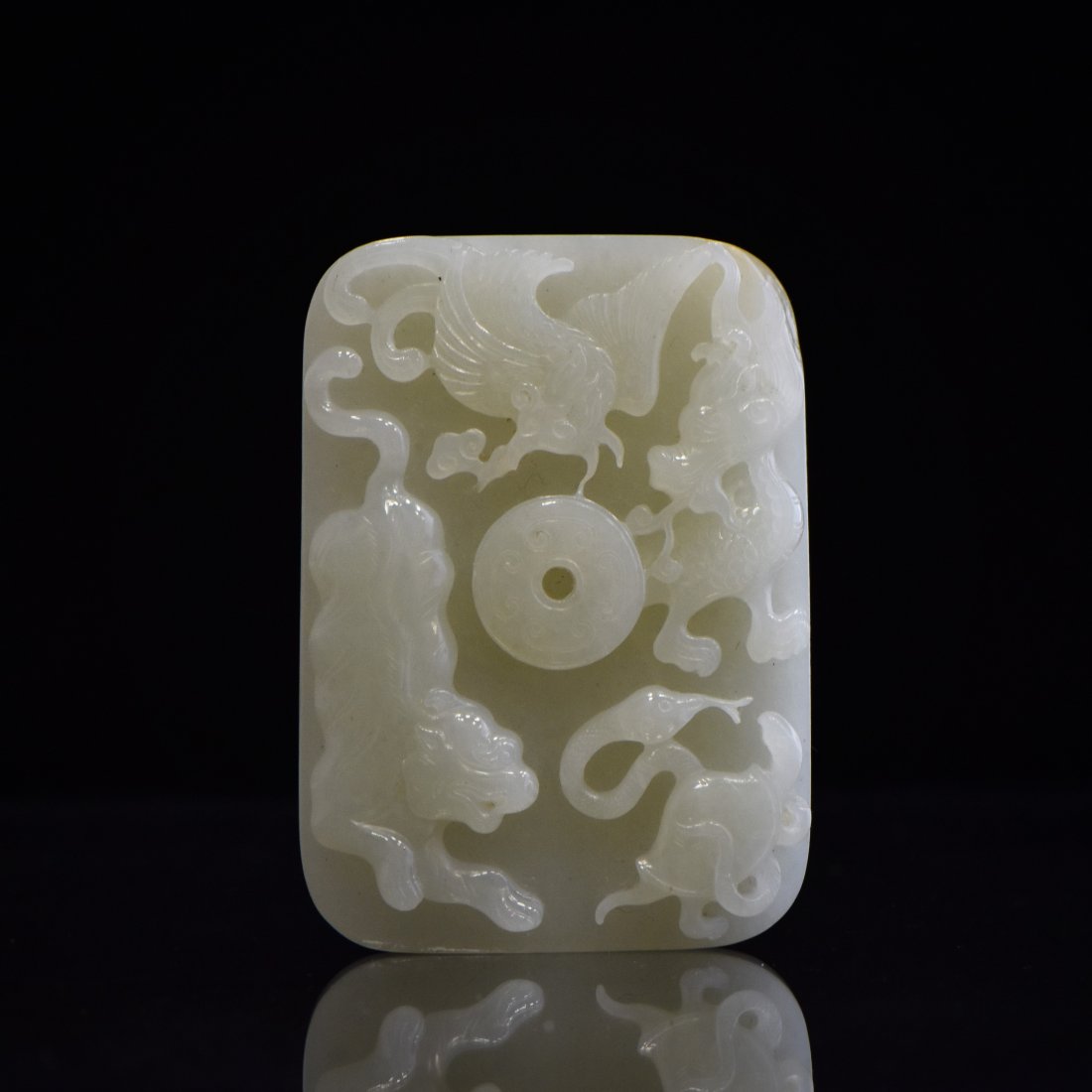 FINE CARVED CELADON JADE OF FOUR GUARDIANS PLAQUE (1 of 6)