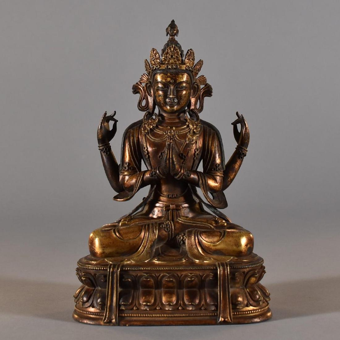 EARLY QING DYNASTY SEATED GILT BRONZE FOUR ARMS BUDDHA (1 of 10)
