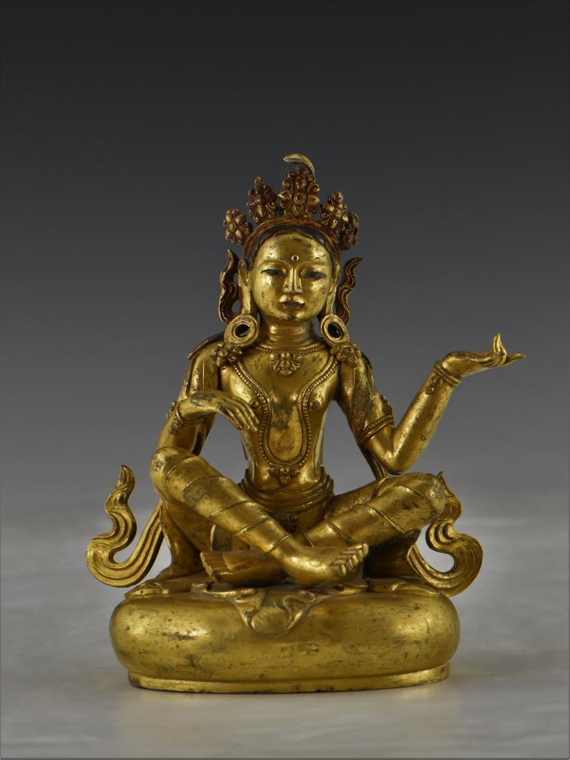 QING GILT SEATED BUDDHA UPON ROUND STONE PEDESTAL (1 of 11)