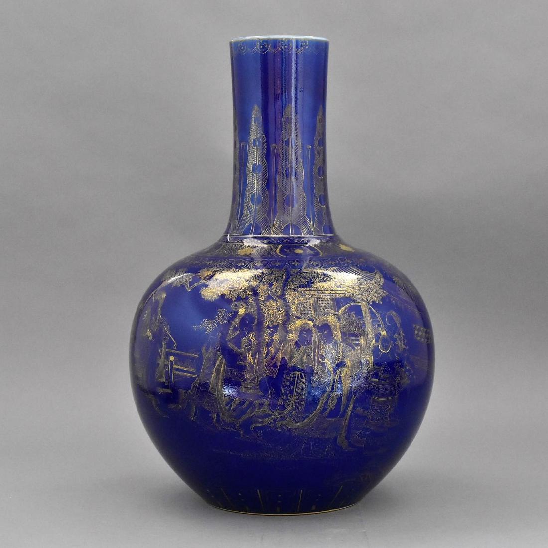 CHINESE GILT OVER BLUE GROUND CELESTIAL VASE: Chinese porcelain potted in a celestial form, bulbous body with round shoulder gently tapered toward tall cylindrical neck, leading to slightly wider rim; raised upon a flat countersunk base. The exte