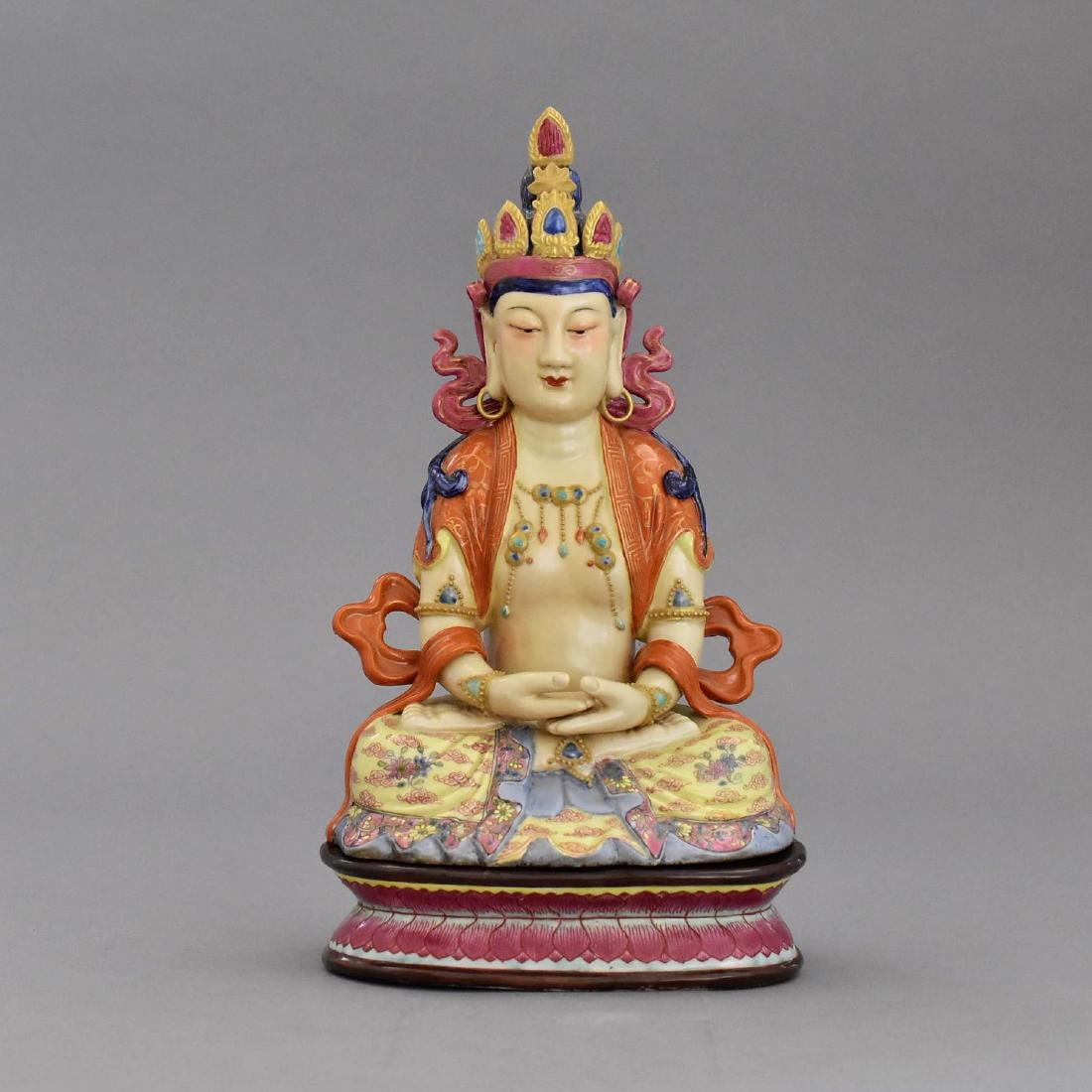 VERY FINE FAMILLE ROSE PORCELAIN SEATED BUDDHA: In form of seated Buddha with both hand in Dhayana Mudra, gesture of balance meditation, seated in full lotus position upon a throne pedestal, wearing robe open to chest, elongated ears below the curl