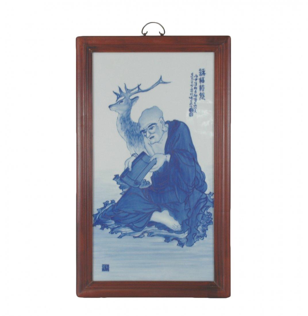 FRAMED 20TH C BLUE AND WHITE PORCELAIN PAINTING (1 of 9)