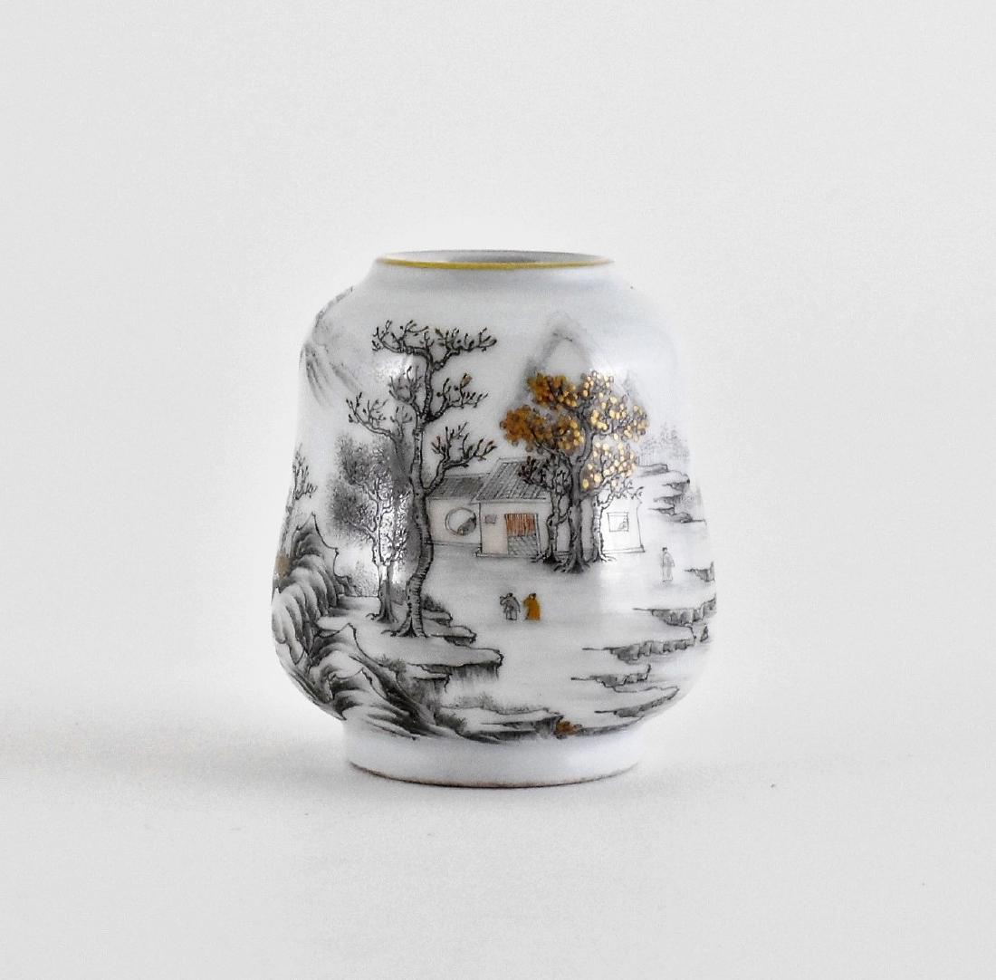 LANDSCAPE PAINTING DECORATED BRUSH WASHER: Of ovoid form body, gracefully waisted on the mid-section, rounded shoulder leading to short neck, raised on footed base. The exterior hand painted in polychrome with portrayal of a life scene within 