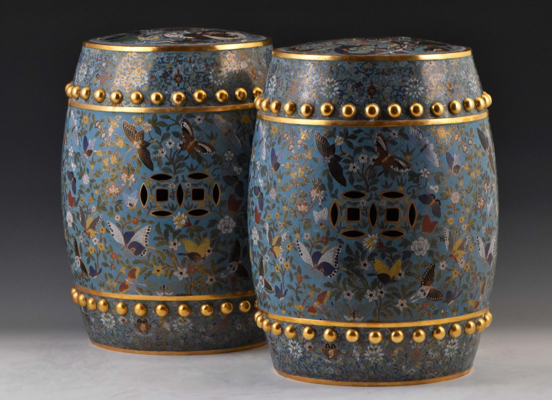 PAIR OF QING GILT BRONZE CLOISONNE ENAMEL GARDEN STOOLS (1 of 10)
