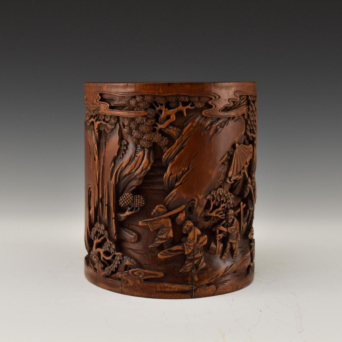 BAMBOO BRUSH POT WITH SAGES IN THE FOREST CARVING (1 of 9)
