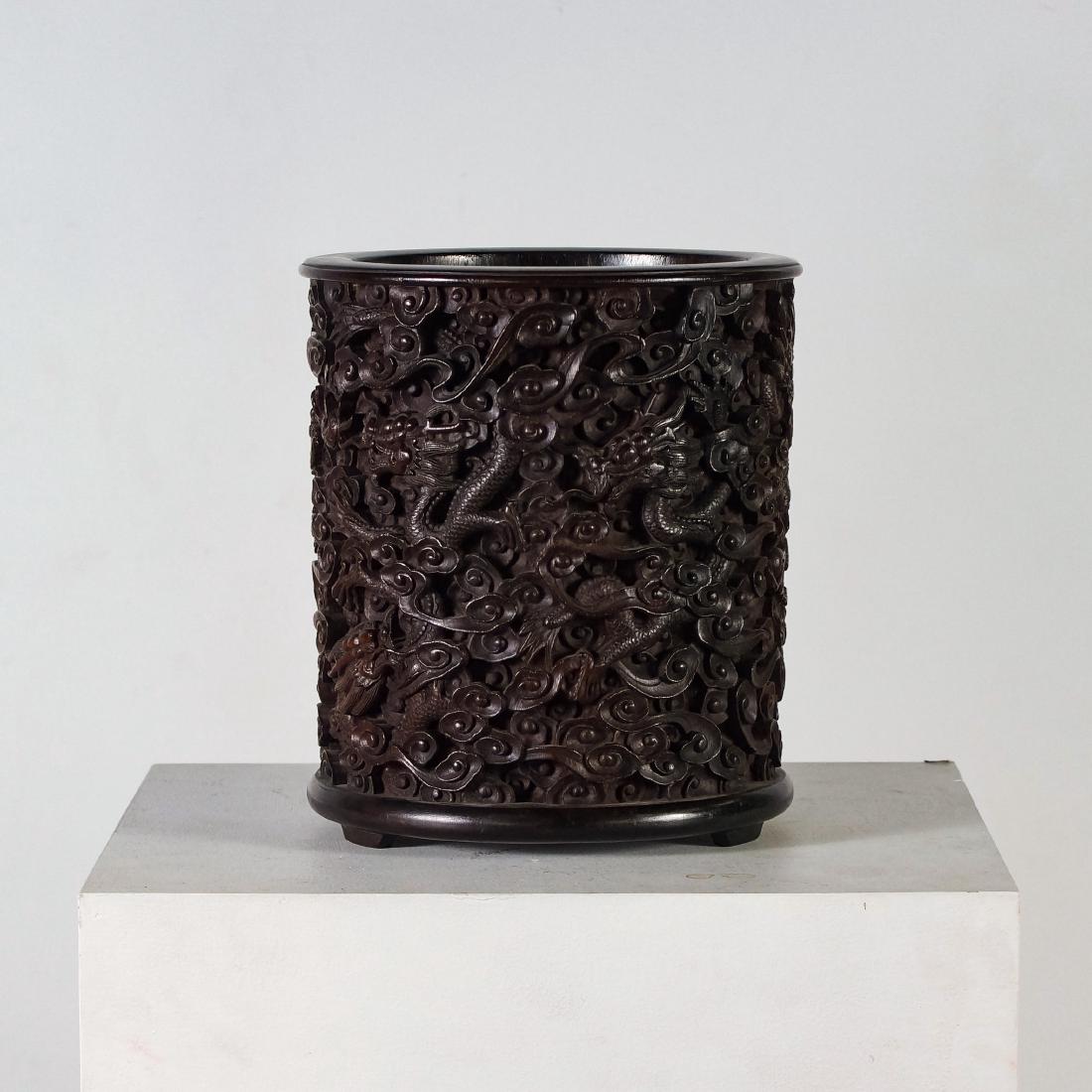 LARGE CARVED ZITAN BRUSH POT WITH DRAGONS MOTIF (1 of 10)