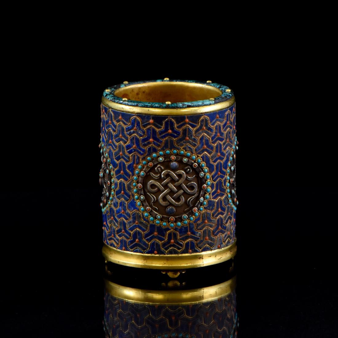 DRAGON MEDALLION GILT BRONZE LAPIS LAZULI BRUSH POT (1 of 10)