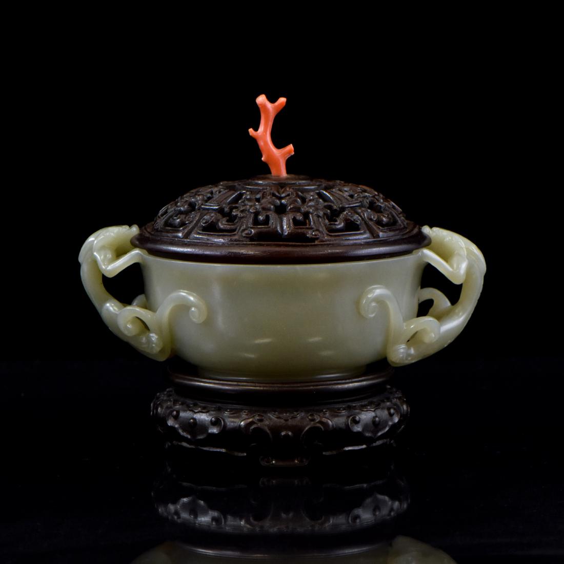 WOODEN COVERED JADE CENSER WITH RED CORAL FINIAL (1 of 10)
