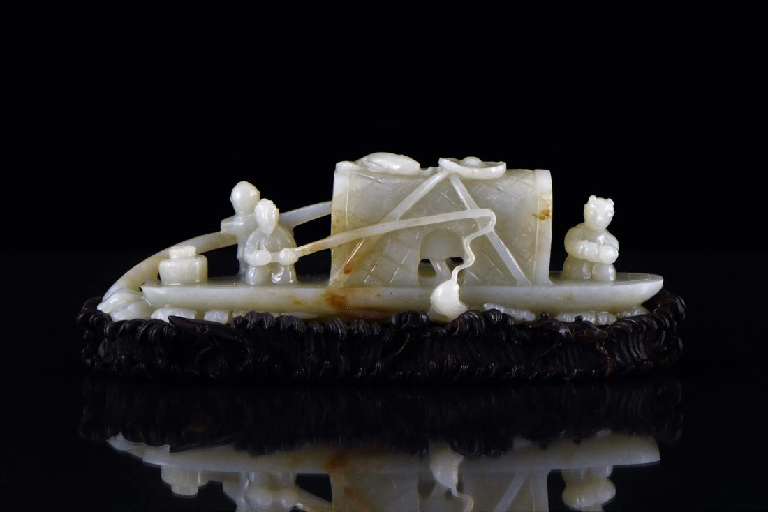CARVED CHINESE JADE MODEL OF FIGURES ON BOAT (1 of 9)