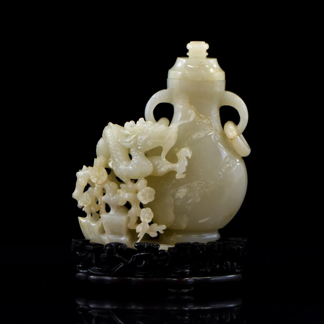 JADE COVERED URN IN BOX W/ DRAGON AND PRUNUS CARVING (1 of 9)