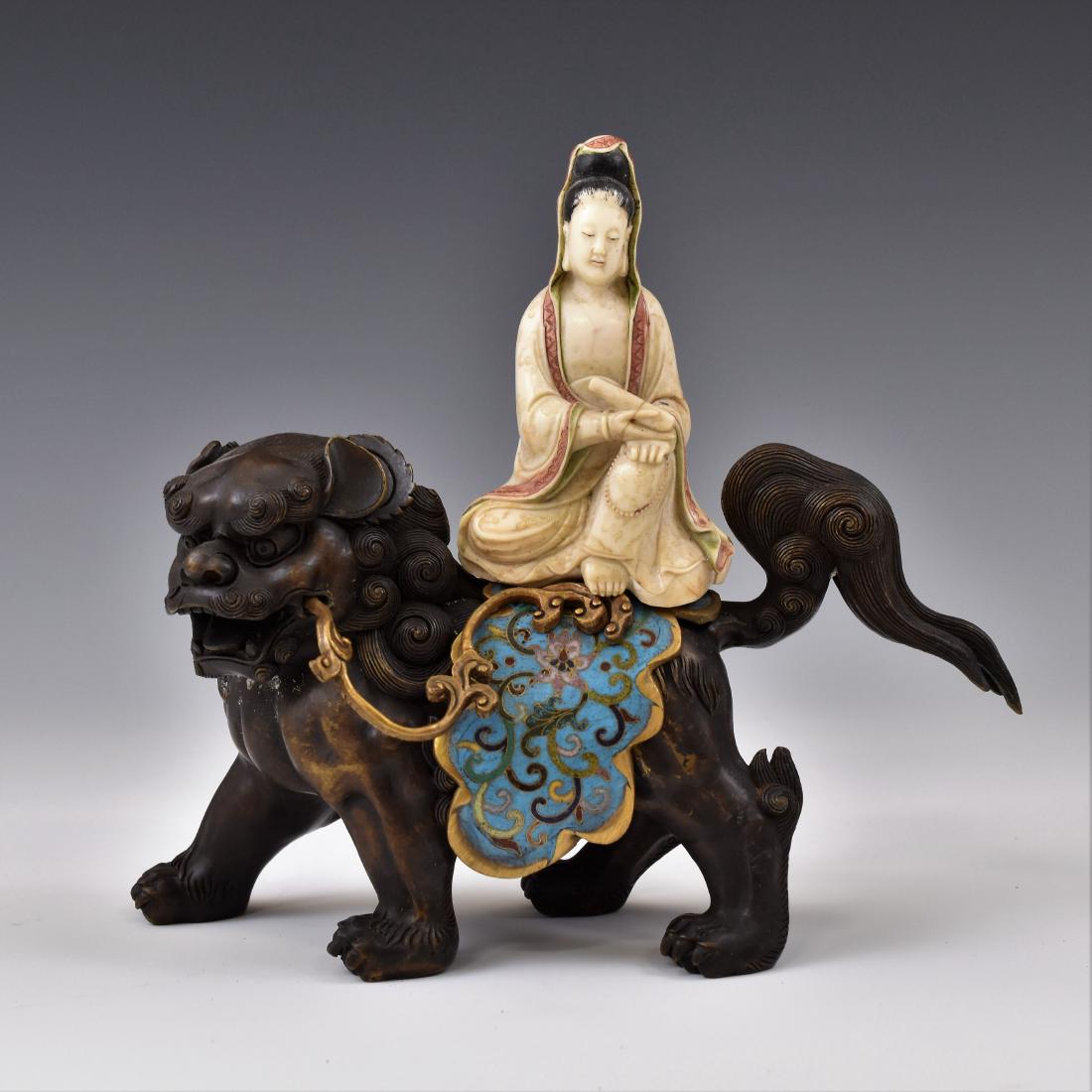 SHOUSHAN GUANYIN RIDING CLOISONNE BRONZE LION (1 of 9)