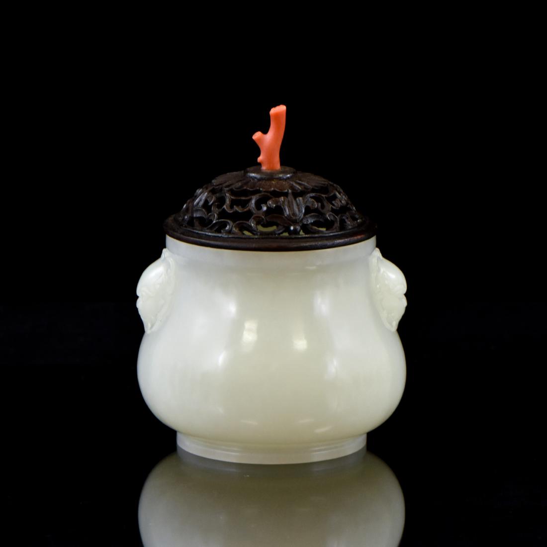 CELADON JADE CENSER AND RED CORAL FINIAL ON STAND (1 of 7)