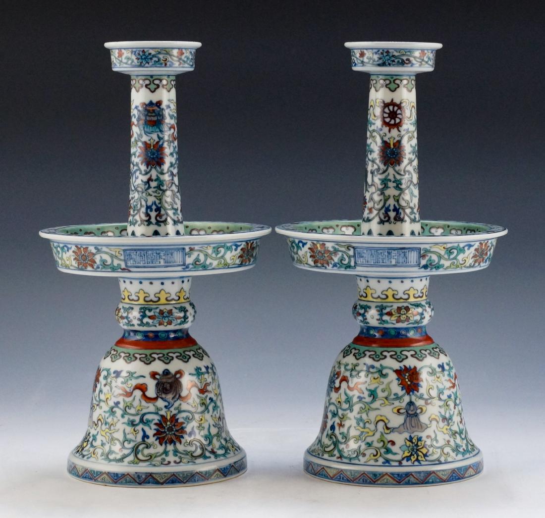 PAIR OF DOUCAI PORCELAIN CANDLE HOLDERS (1 of 10)