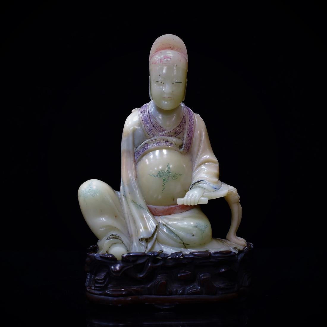 CARVED SEATED LUOHAN SOAPSTONE ON STAND (1 of 8)