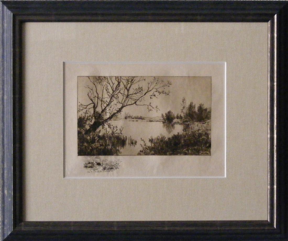 ROBERT MINOR, BLACK INK ETCHING LANDSCAPE: Minor, Robert Crannell (New York City, 1839 - Waterford, Connecticut, 1904) conservation framed. 4 7/8" x 8 1/4" etching. Conservation matting, framing and glass. Outside dimensions 15 1/8" x 18". Con