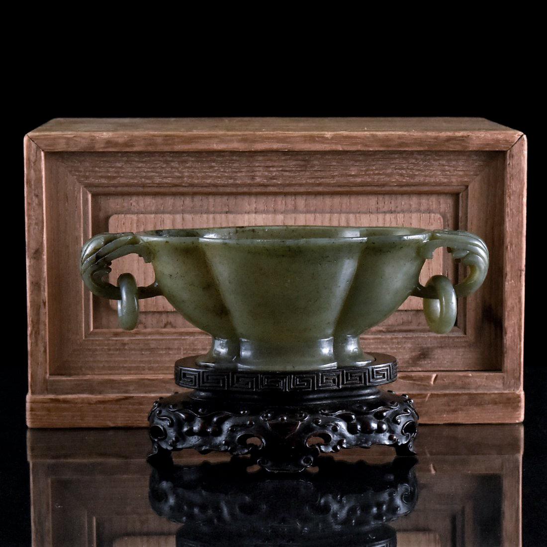 GREEN JADE FLORAL MARRIAGE BOWL W/ WOODEN BOX (1 of 9)