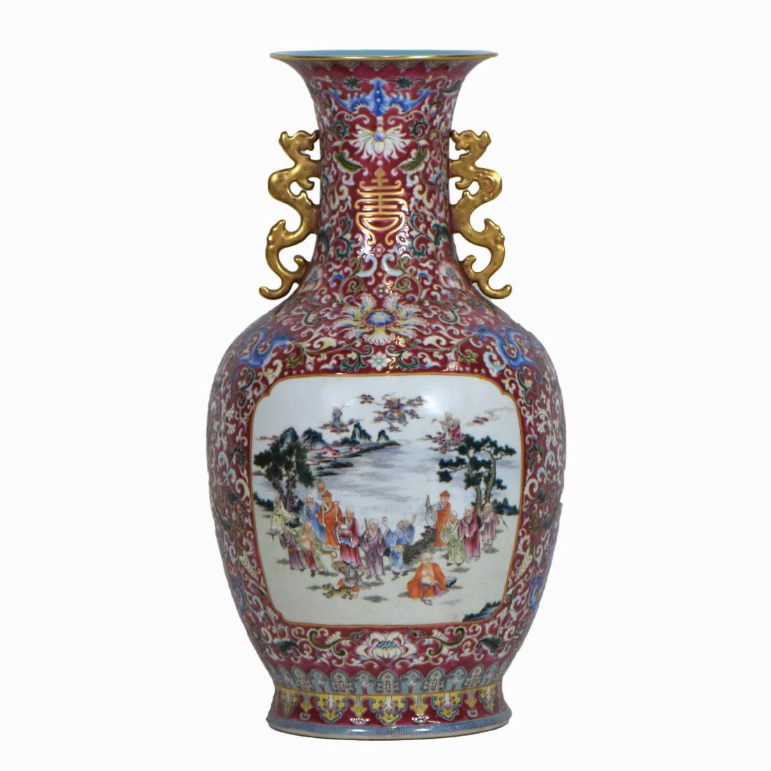 FAMILLE ROSE & GILT OPEN FACE RUBY GROUND VASE (1 of 16)