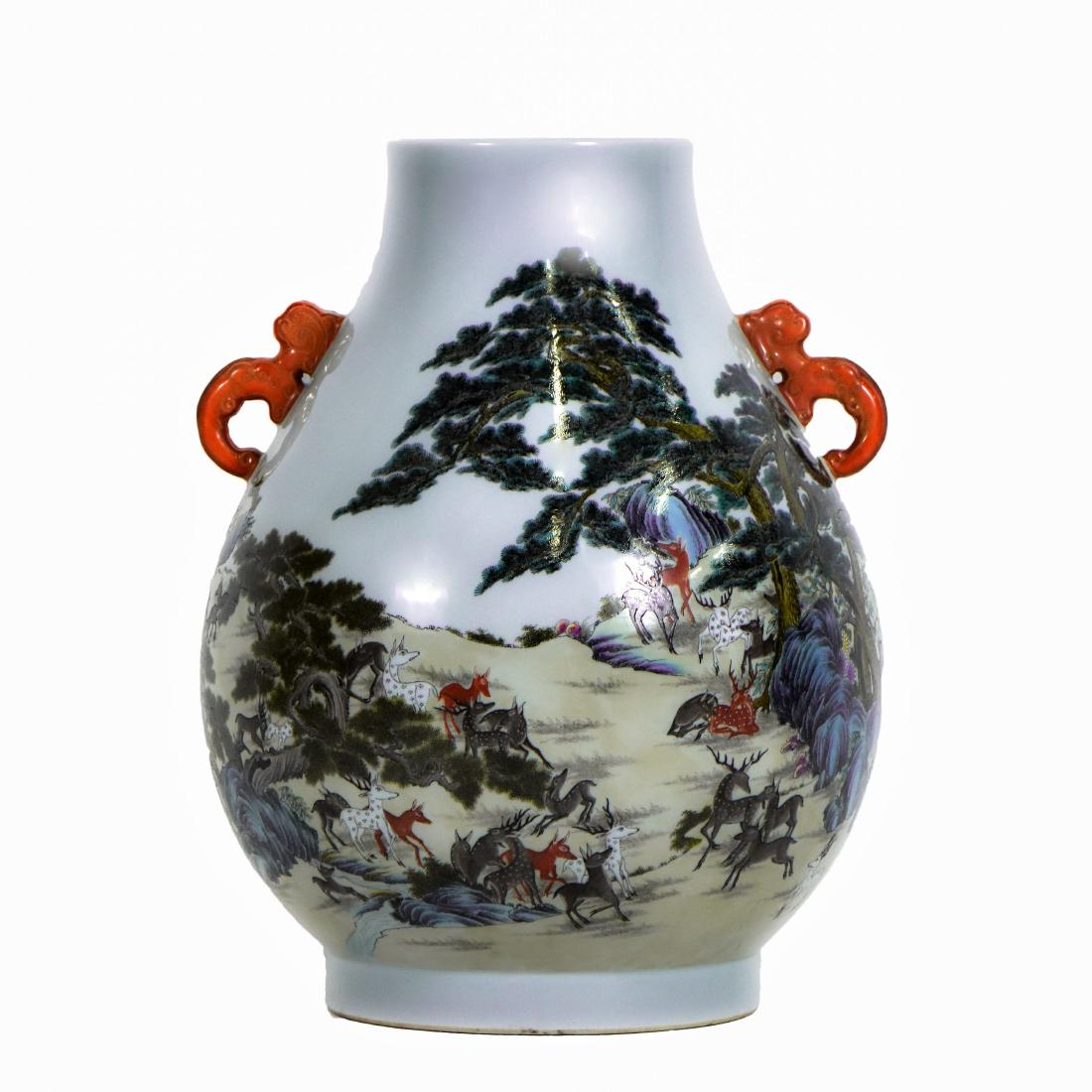 LARGE FAMILLE ROSE HUNDRED DEER PORCELAIN VASE (1 of 11)